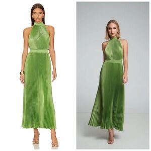 L’IDEE Cinema Gown Maxi Pleated Fern Green Open Back Halter Size 4